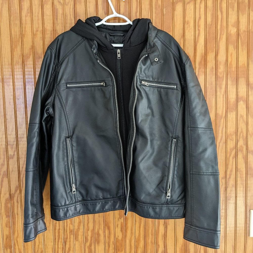 Guess Men's Faux Leather Detachable Hood Motorcycle Jacket Black XL